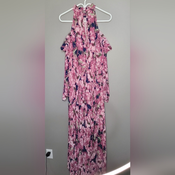 Petal & Pup Floral Pink Maxi Dress Pleated Cold Shoulder Balloon Sleeve NWT XL - Picture 5 of 7